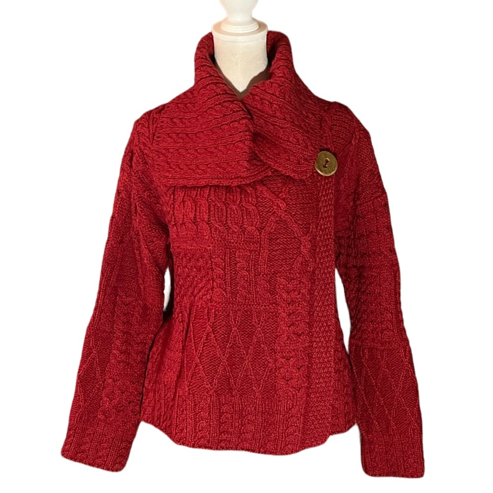 BLARNEY WOOLLEN MILLS DEEP RED MERINO WOOL CABLE CARDIGAN GREAT CONDITION M